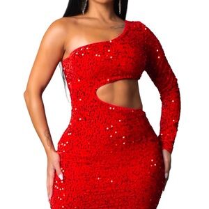 Elegant Red Sequin One-Shoulder Dress